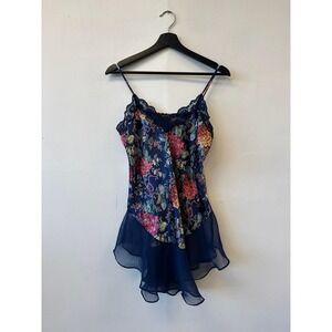 Vintage Sedi Fine Lingerie Chemise Womens Small Navy Floral Lace Sheer Babydoll